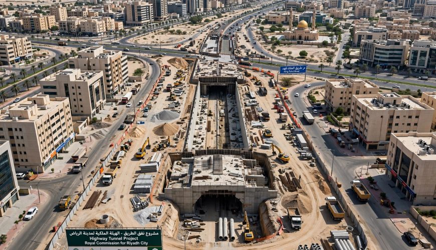 Aerial view of a major road tunnel under construction between Sharjah and Dubai