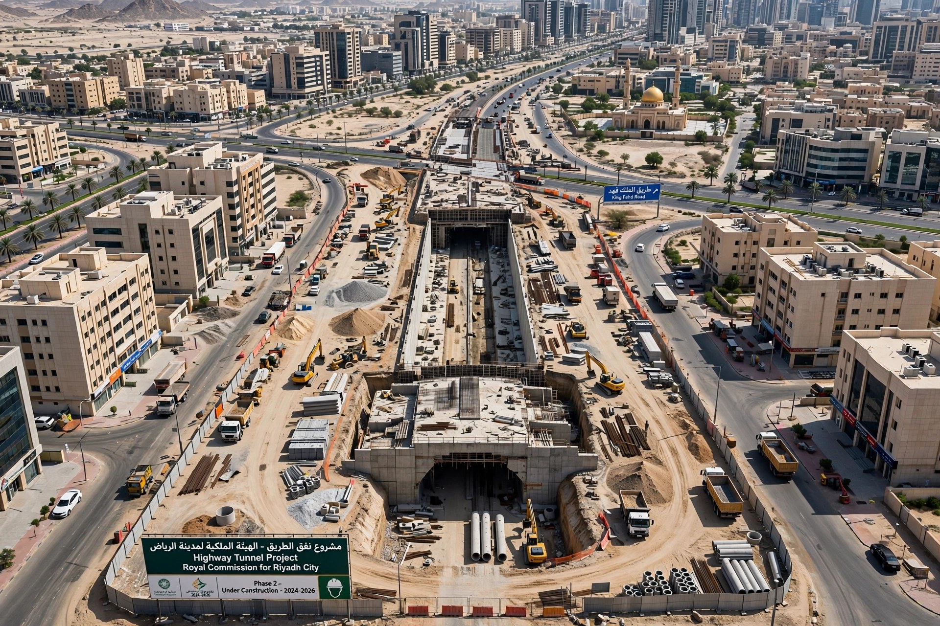 Aerial view of a major road tunnel under construction between Sharjah and Dubai