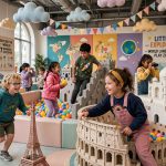 Children playing in a colourful immersive play zone with world landmark models