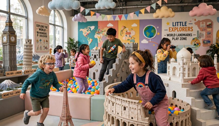 Children playing in a colourful immersive play zone with world landmark models