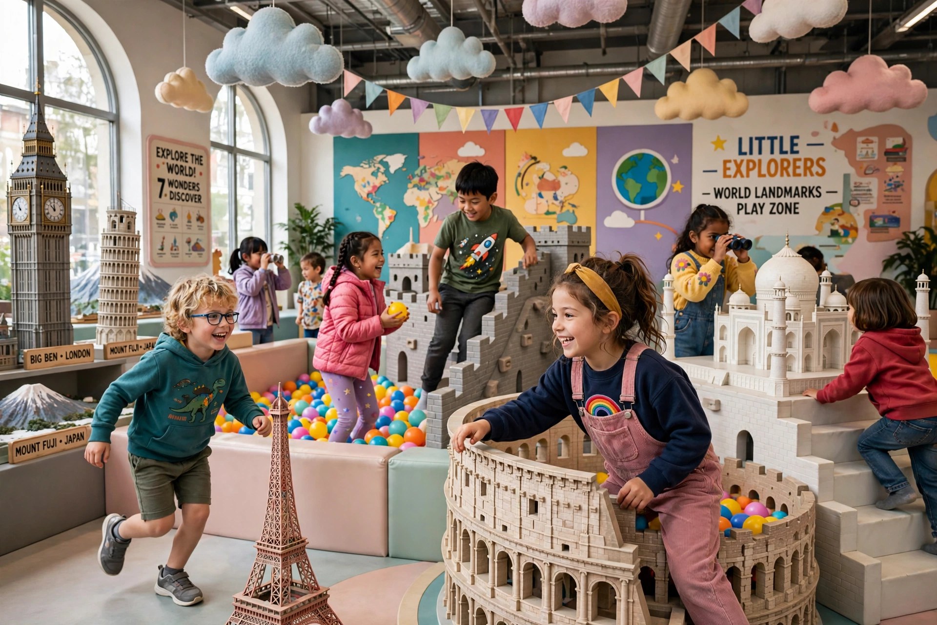 Children playing in a colourful immersive play zone with world landmark models