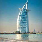 Burj Al Arab Jumeirah sail-shaped tower rising above the sea in Dubai