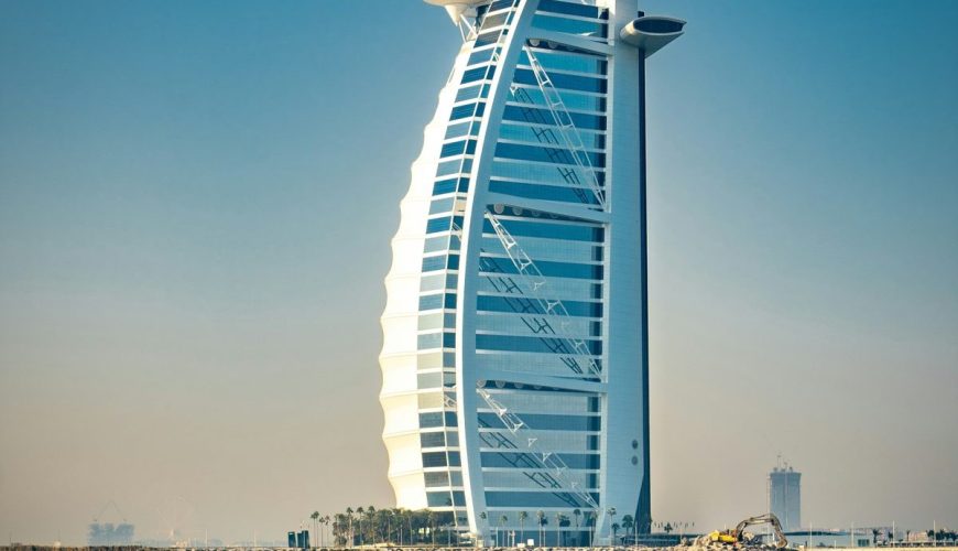Burj Al Arab Jumeirah sail-shaped tower rising above the sea in Dubai