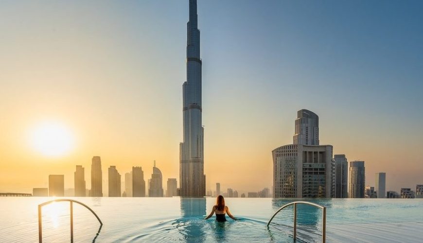 Infinity pool at a Dubai hotel with the Burj Khalifa rising behind it at sunset