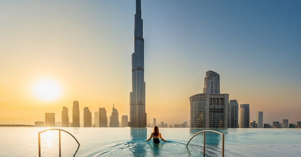 Infinity pool at a Dubai hotel with the Burj Khalifa rising behind it at sunset