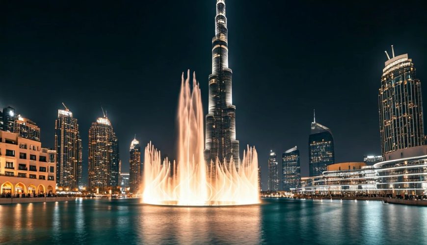 Burj Khalifa lit up at night behind the Dubai Fountain water show