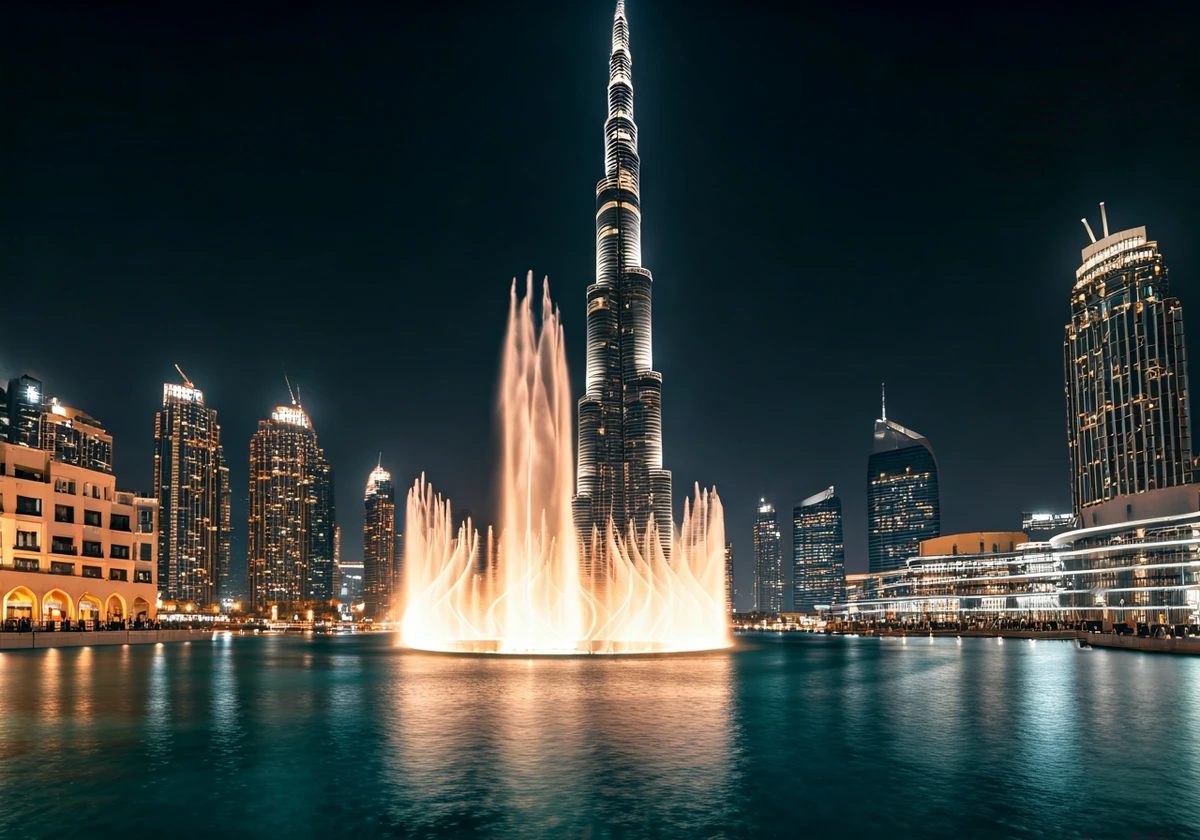 Burj Khalifa lit up at night behind the Dubai Fountain water show