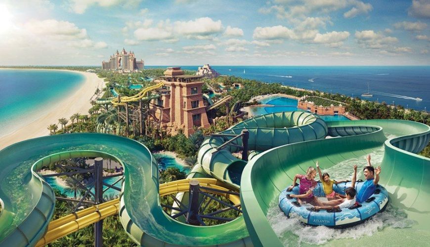 Aerial view of Aquaventure waterpark at Atlantis The Palm Dubai with waterslides, beach, and the resort towers