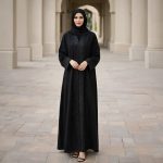 Woman wearing a classic black abaya with subtle embroidery in Dubai
