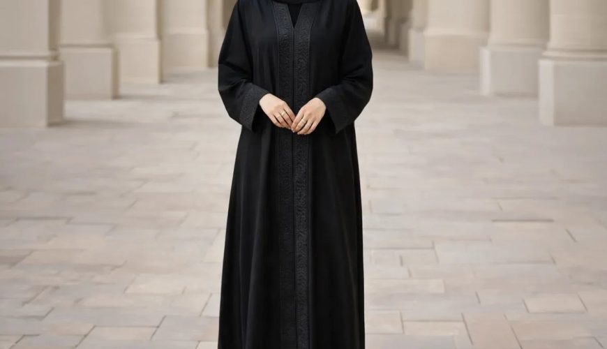 Woman wearing a classic black abaya with subtle embroidery in Dubai