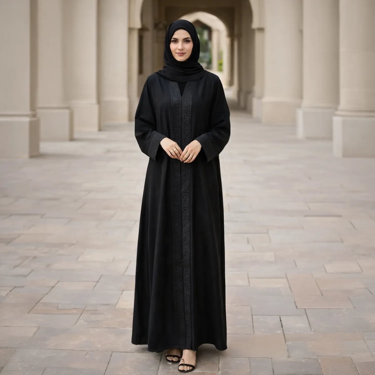 Woman wearing a classic black abaya with subtle embroidery in Dubai