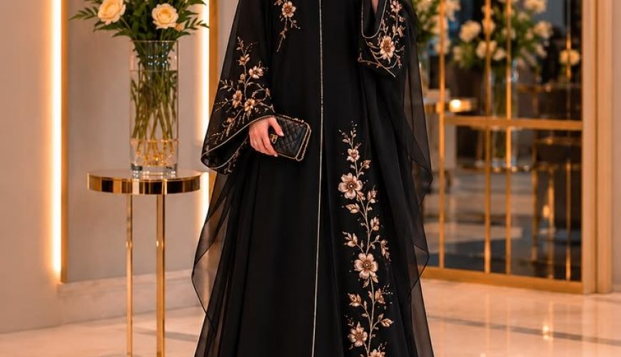 Elegant black abaya with gold floral embroidery in a luxury interior