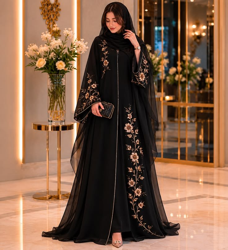 Elegant black abaya with gold floral embroidery in a luxury interior