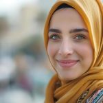 A smiling woman wearing a golden-yellow hijab outdoors