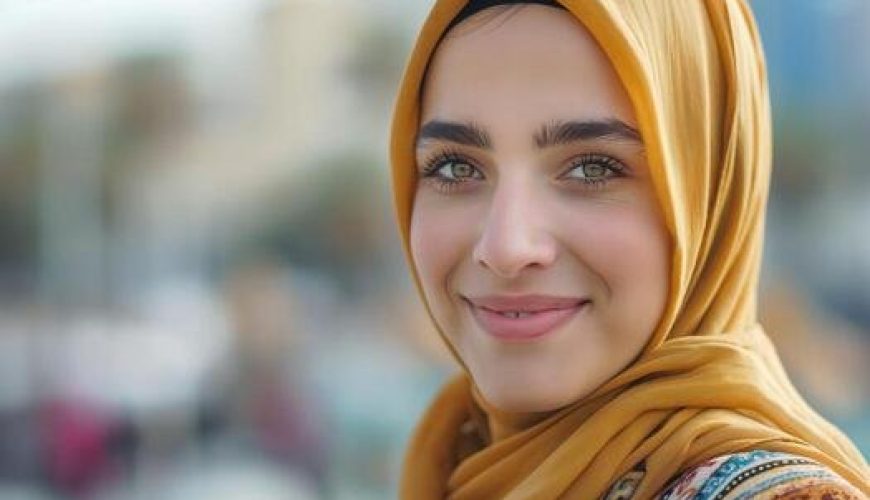 A smiling woman wearing a golden-yellow hijab outdoors