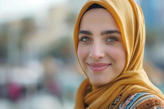 A smiling woman wearing a golden-yellow hijab outdoors