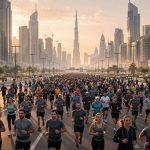 Hundreds of runners at sunrise in a mass fitness event on a Dubai boulevard