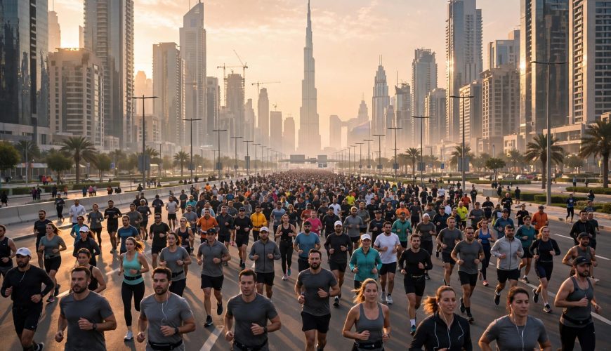 Hundreds of runners at sunrise in a mass fitness event on a Dubai boulevard