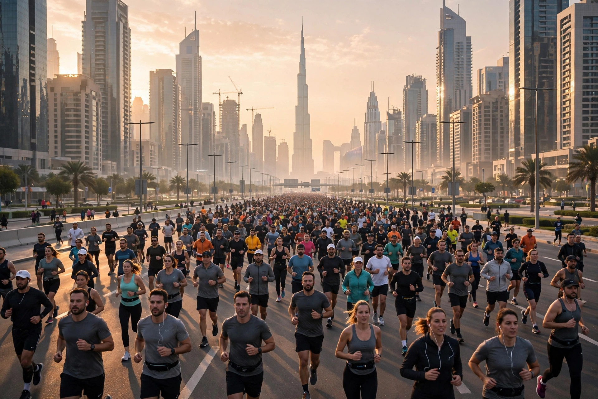 Hundreds of runners at sunrise in a mass fitness event on a Dubai boulevard