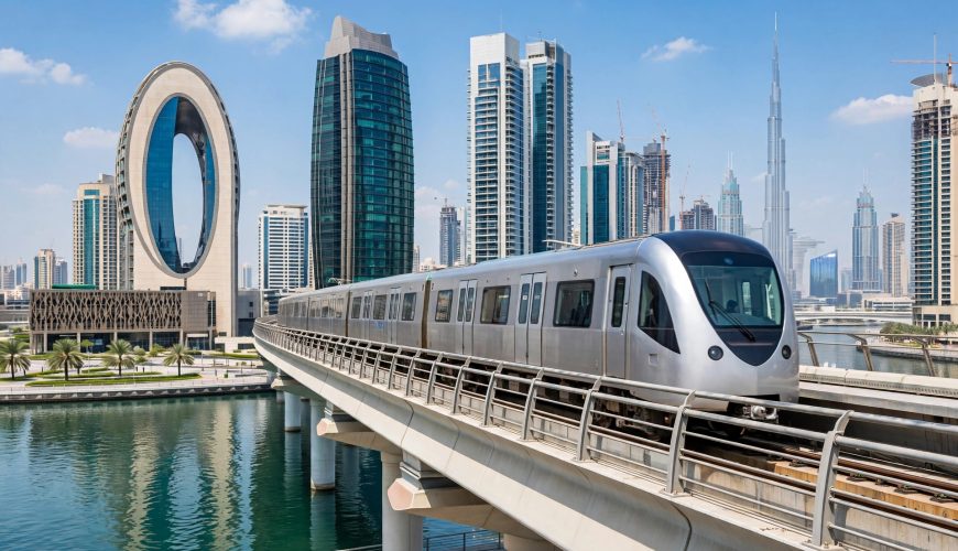 Dubai Metro Red Line train crossing the elevated track near Business Bay