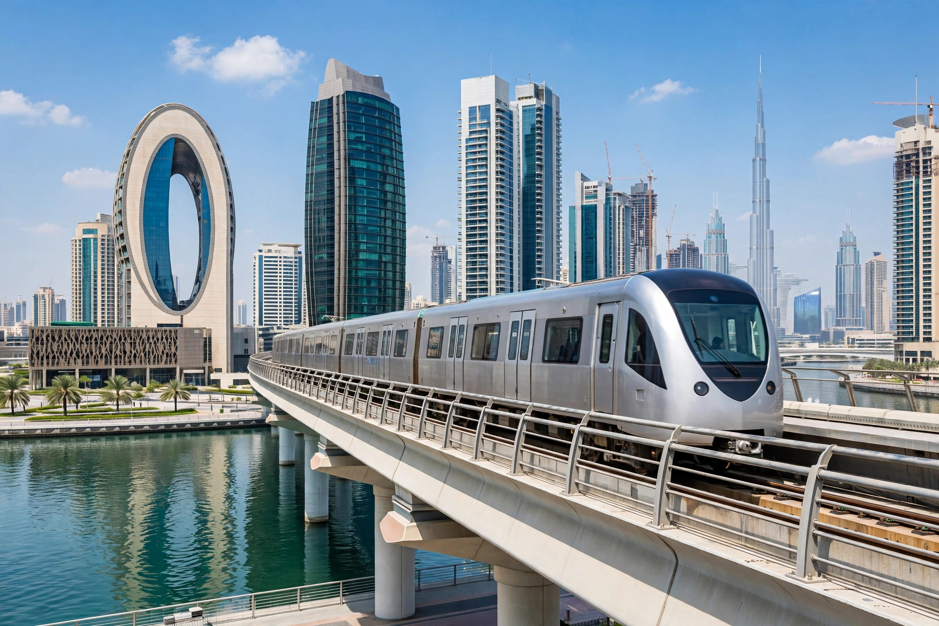 Dubai Metro Red Line train crossing the elevated track near Business Bay