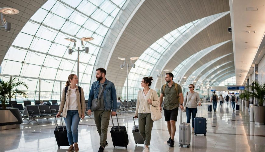 Tourists with luggage walking through Dubai International Airport terminal