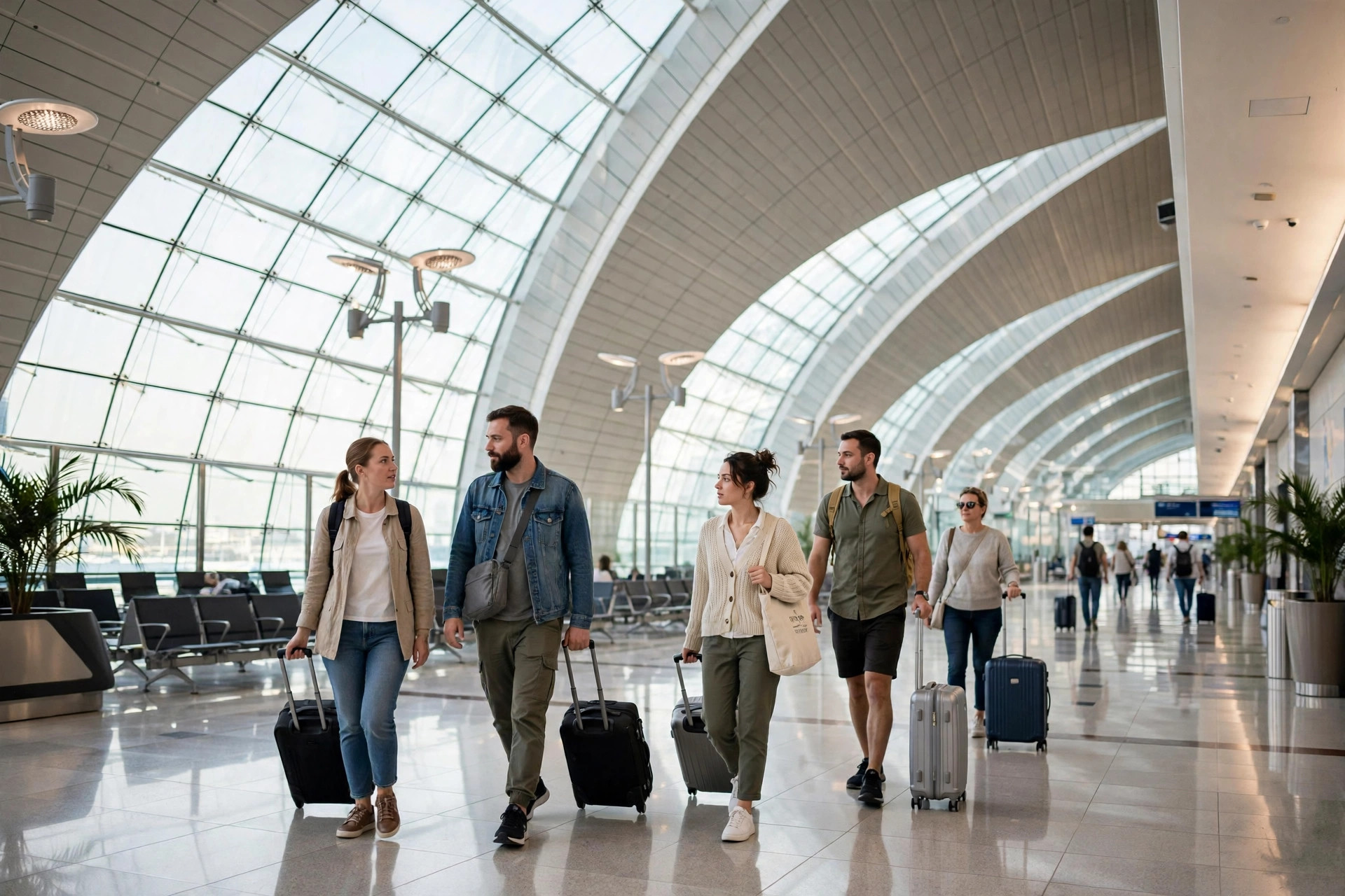 Tourists with luggage walking through Dubai International Airport terminal