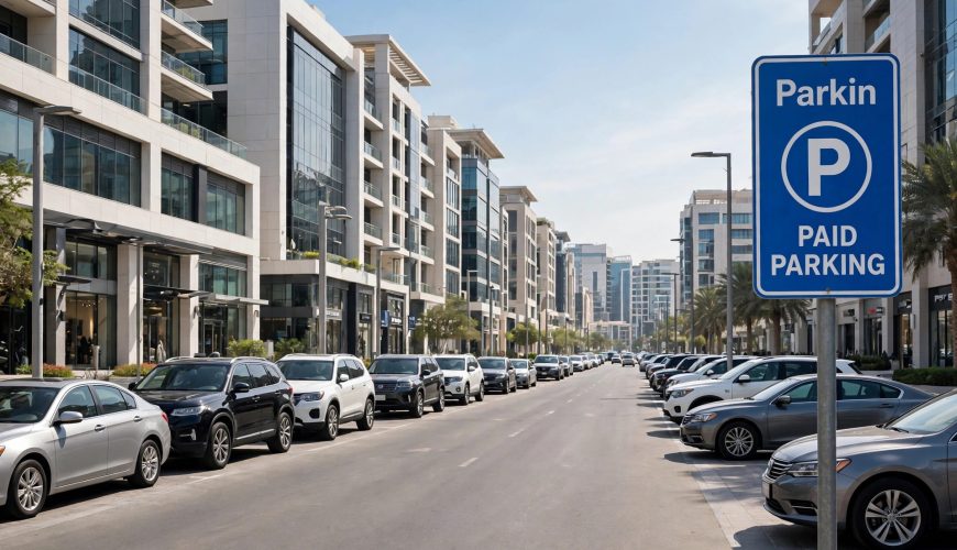 Cars parked along a Dubai street with a Parkin paid parking sign