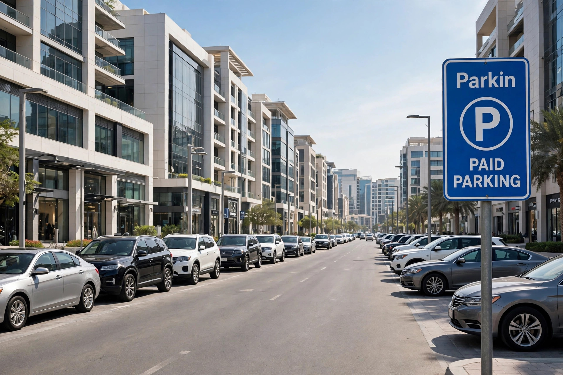Cars parked along a Dubai street with a Parkin paid parking sign