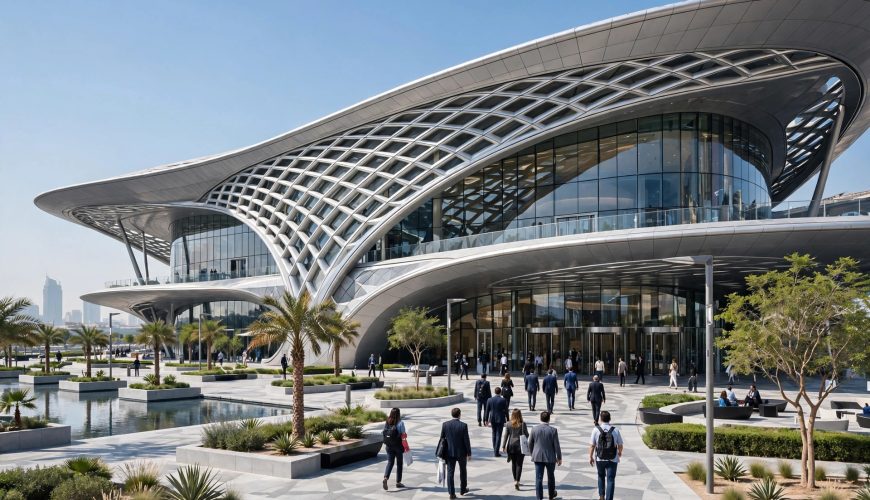 Modern Dubai Exhibition Centre with futuristic glass architecture and visitors at the entrance