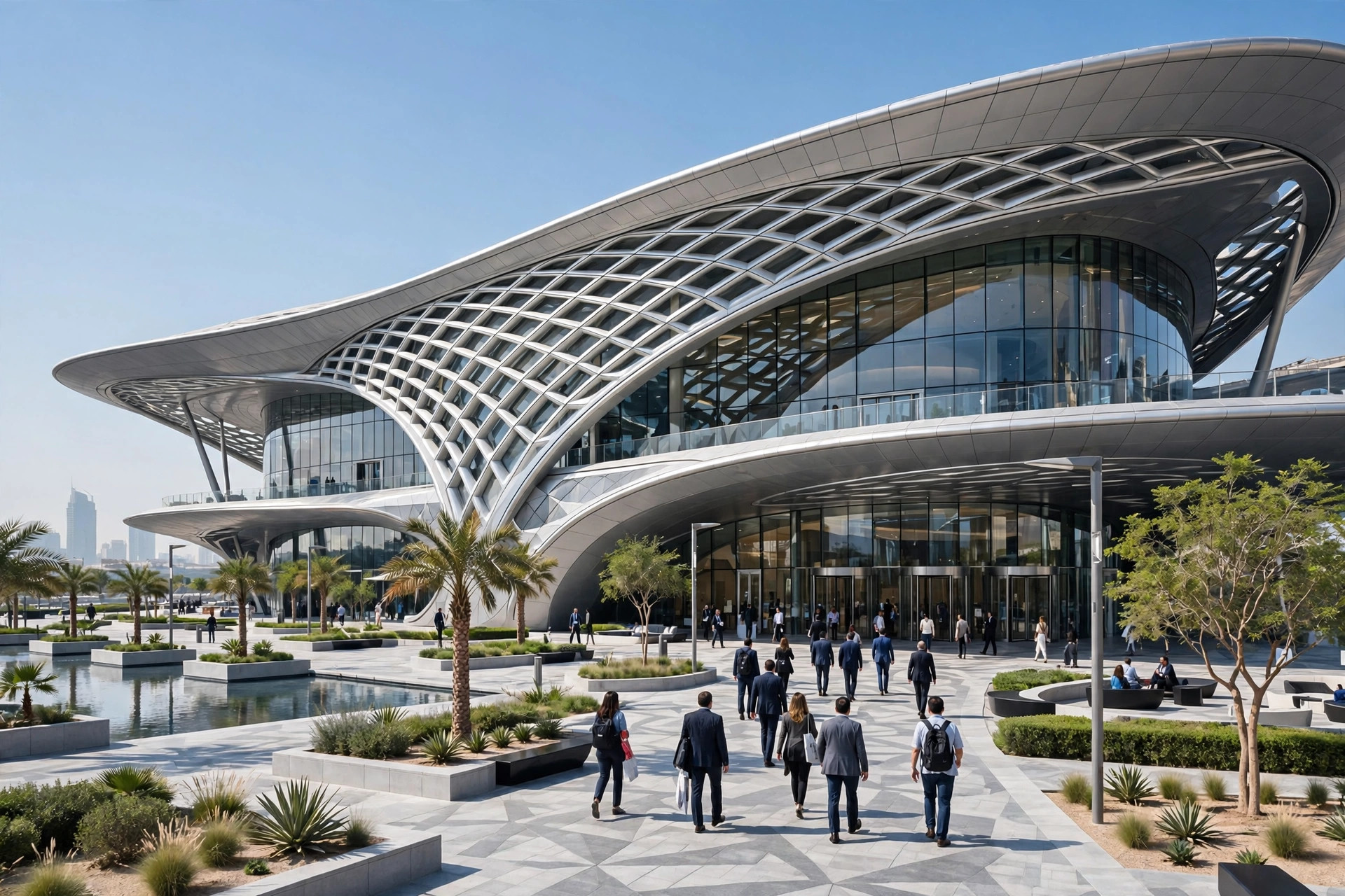 Modern Dubai Exhibition Centre with futuristic glass architecture and visitors at the entrance
