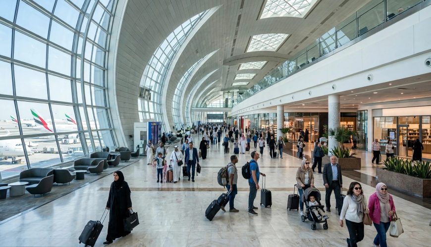 Travellers in the departures hall of Dubai International Airport