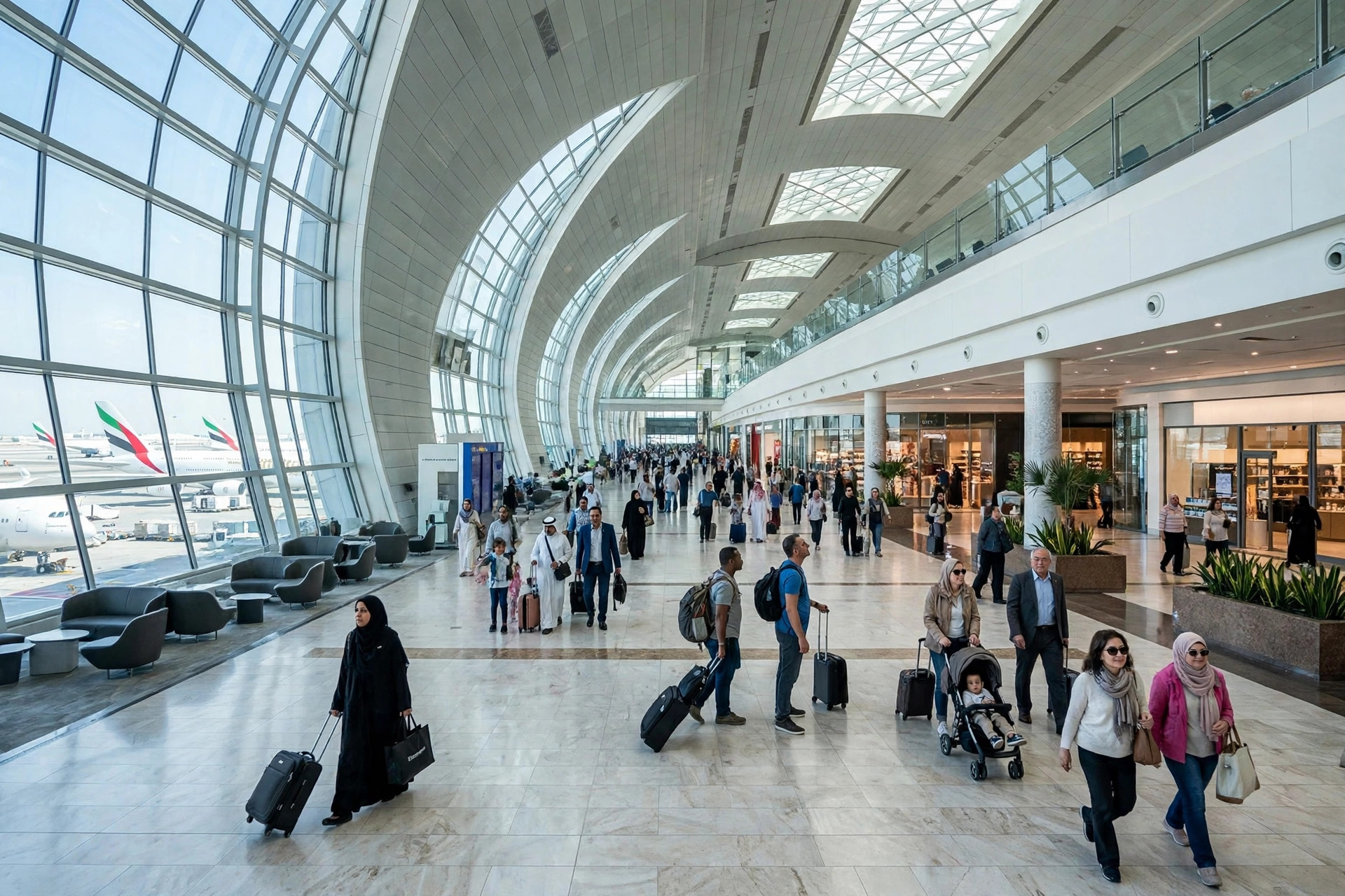 Travellers in the departures hall of Dubai International Airport
