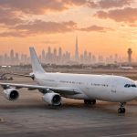 Emirates Airbus A350 at Dubai International Airport at sunset