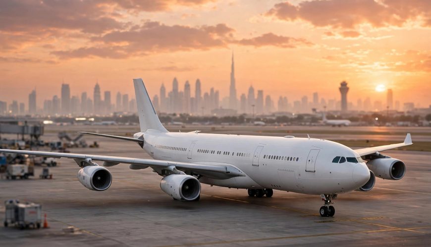 Emirates Airbus A350 at Dubai International Airport at sunset