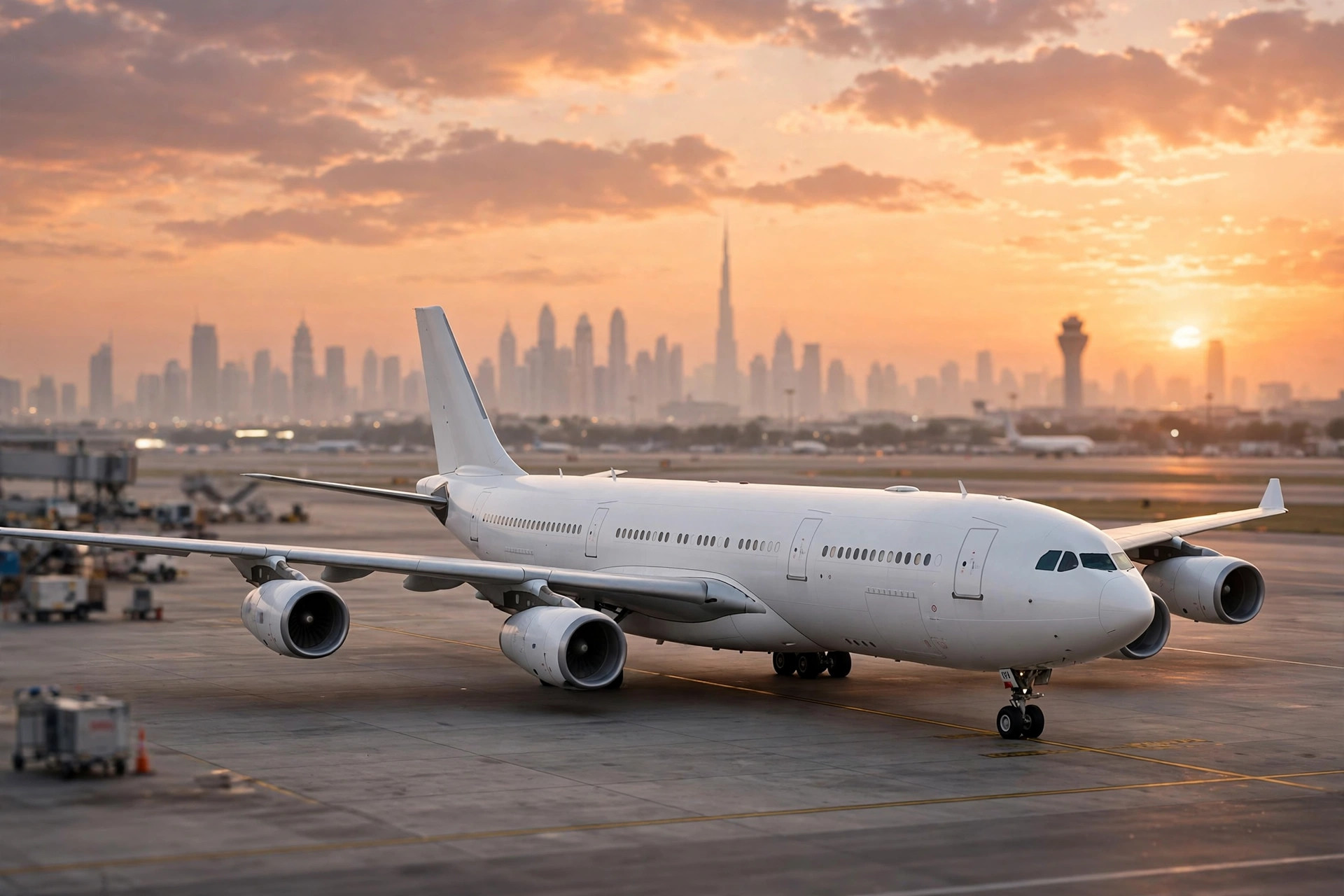 Emirates Airbus A350 at Dubai International Airport at sunset