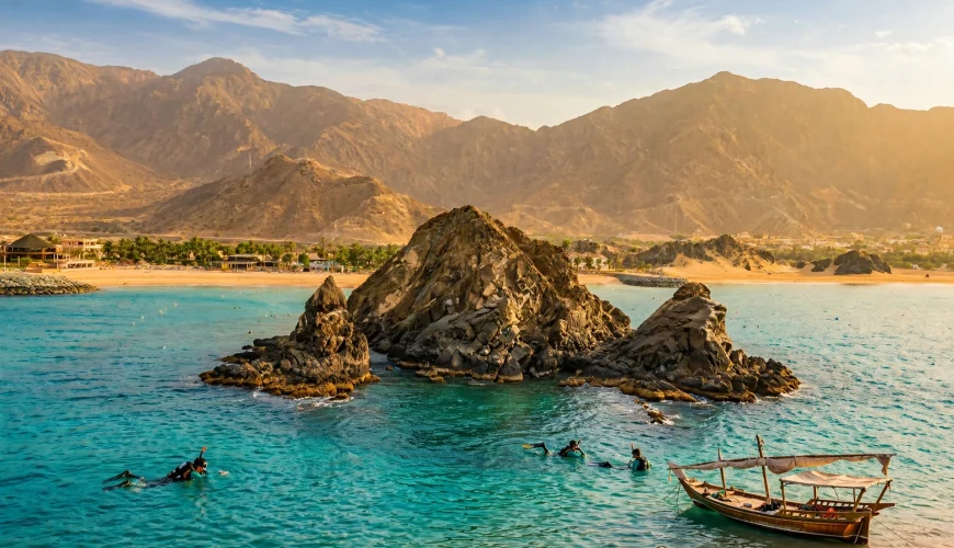 Snoopy Island rock formation off the Fujairah coast with turquoise water and the Hajar Mountains behind
