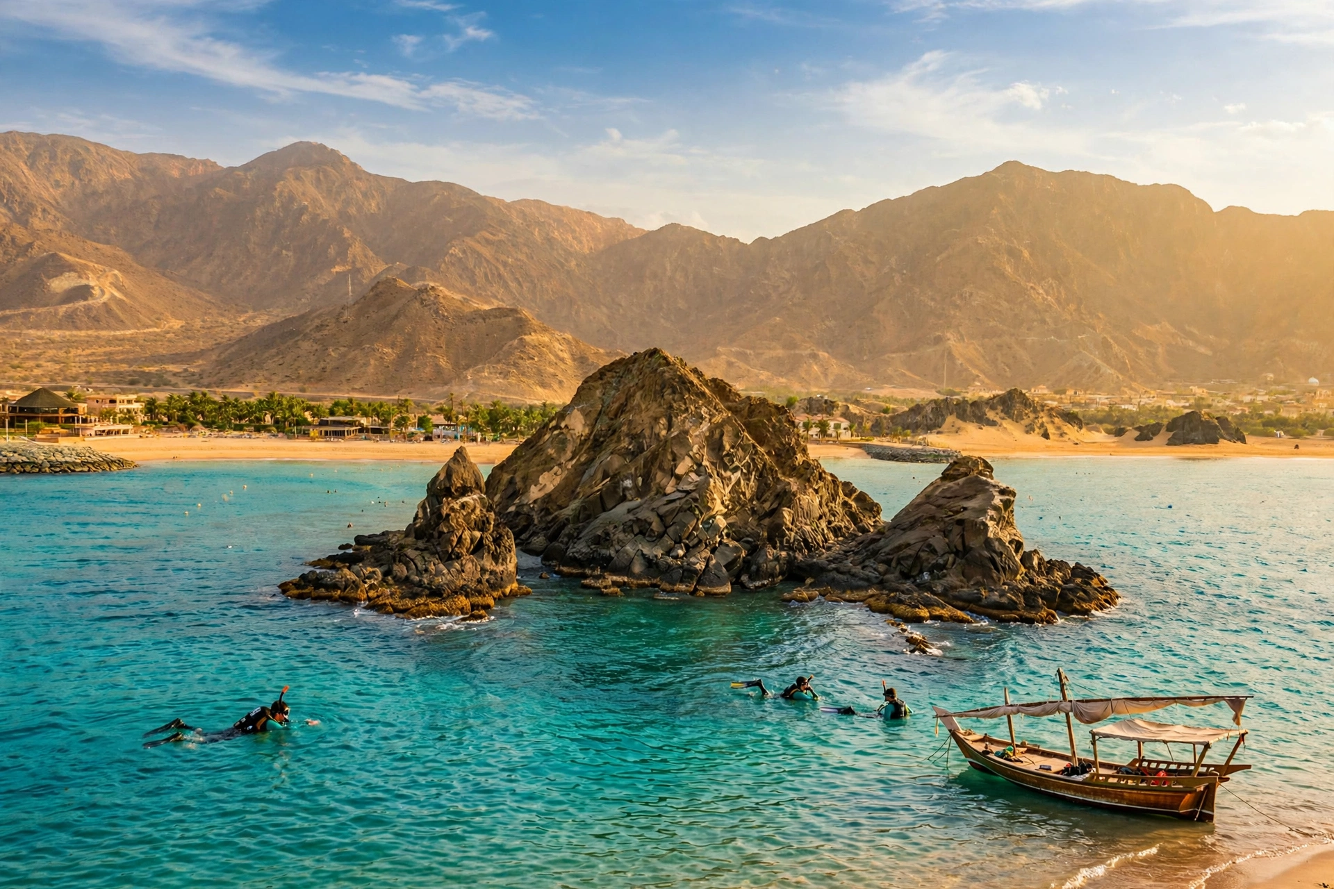 Snoopy Island rock formation off the Fujairah coast with turquoise water and the Hajar Mountains behind