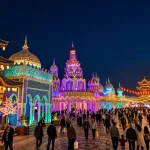 Global Village Dubai pavilions lit up at night — Global Village Dubai 2026 guide