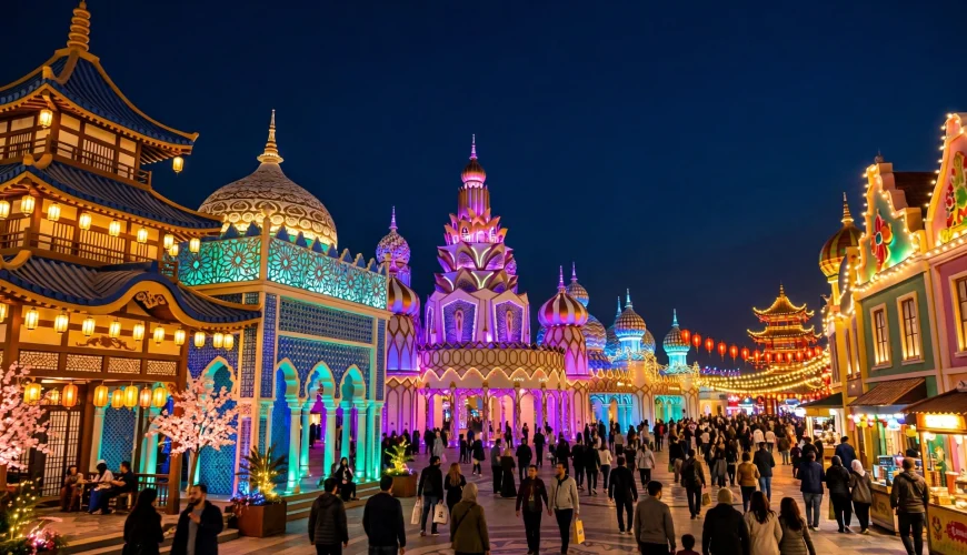 Global Village Dubai pavilions lit up at night — Global Village Dubai 2026 guide