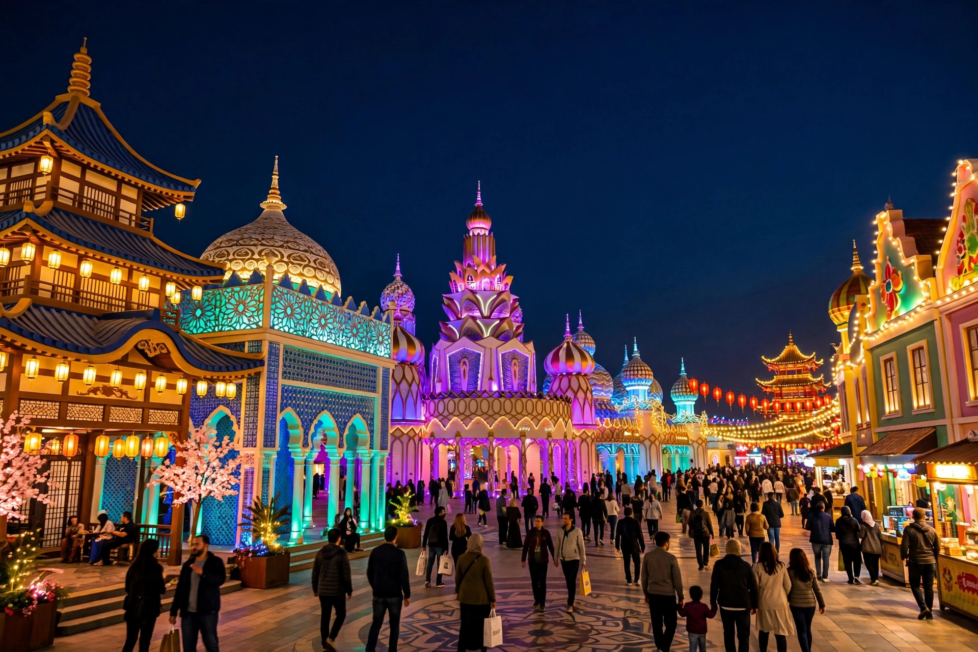 Global Village Dubai pavilions lit up at night — Global Village Dubai 2026 guide