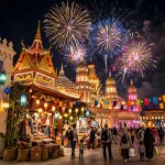 Illuminated cultural pavilions at Global Village Dubai at night during Season 31