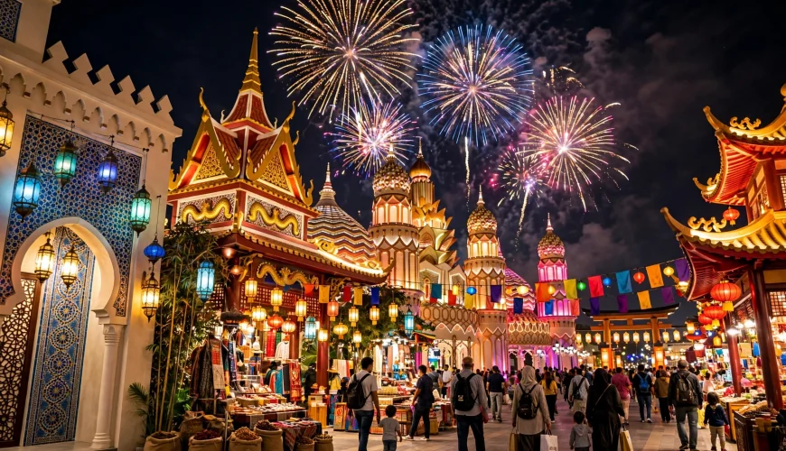 Illuminated cultural pavilions at Global Village Dubai at night during Season 31