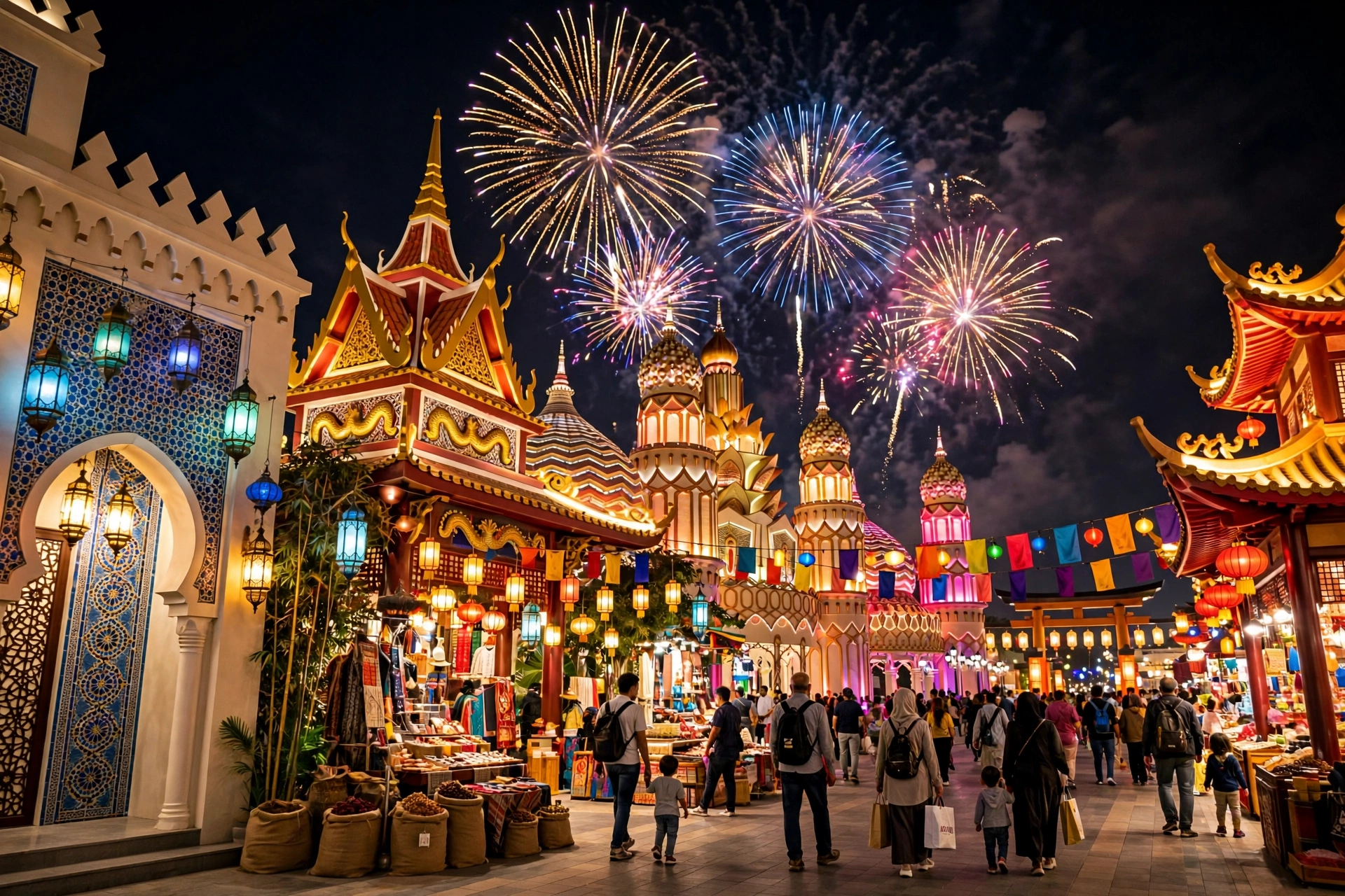 Illuminated cultural pavilions at Global Village Dubai at night during Season 31