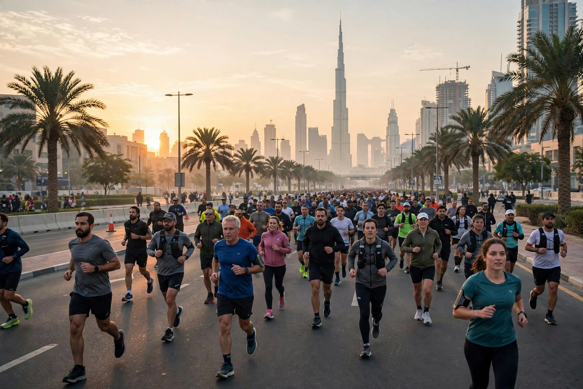 Runners taking part in a mass fitness event on a Dubai street at sunrise