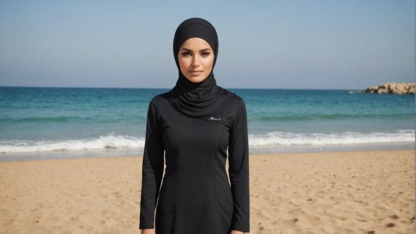 A woman wearing a burkini standing at the shoreline of a beach