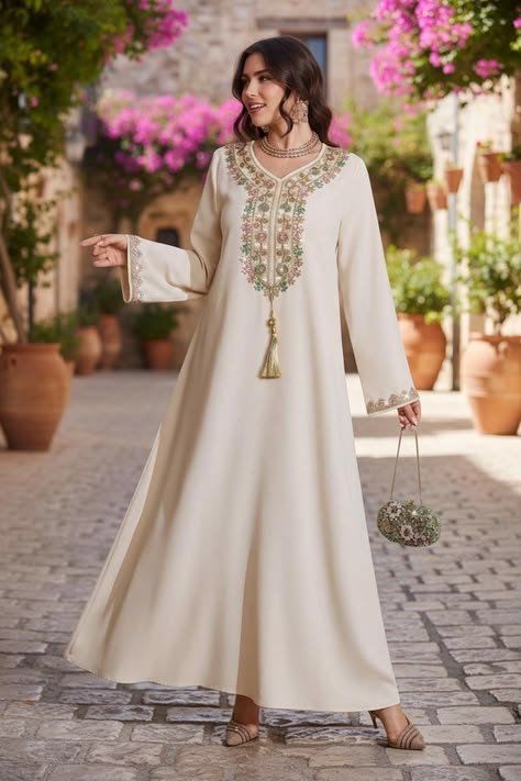 A woman wearing an elegant embroidered kaftan suitable for a Ramadan evening
