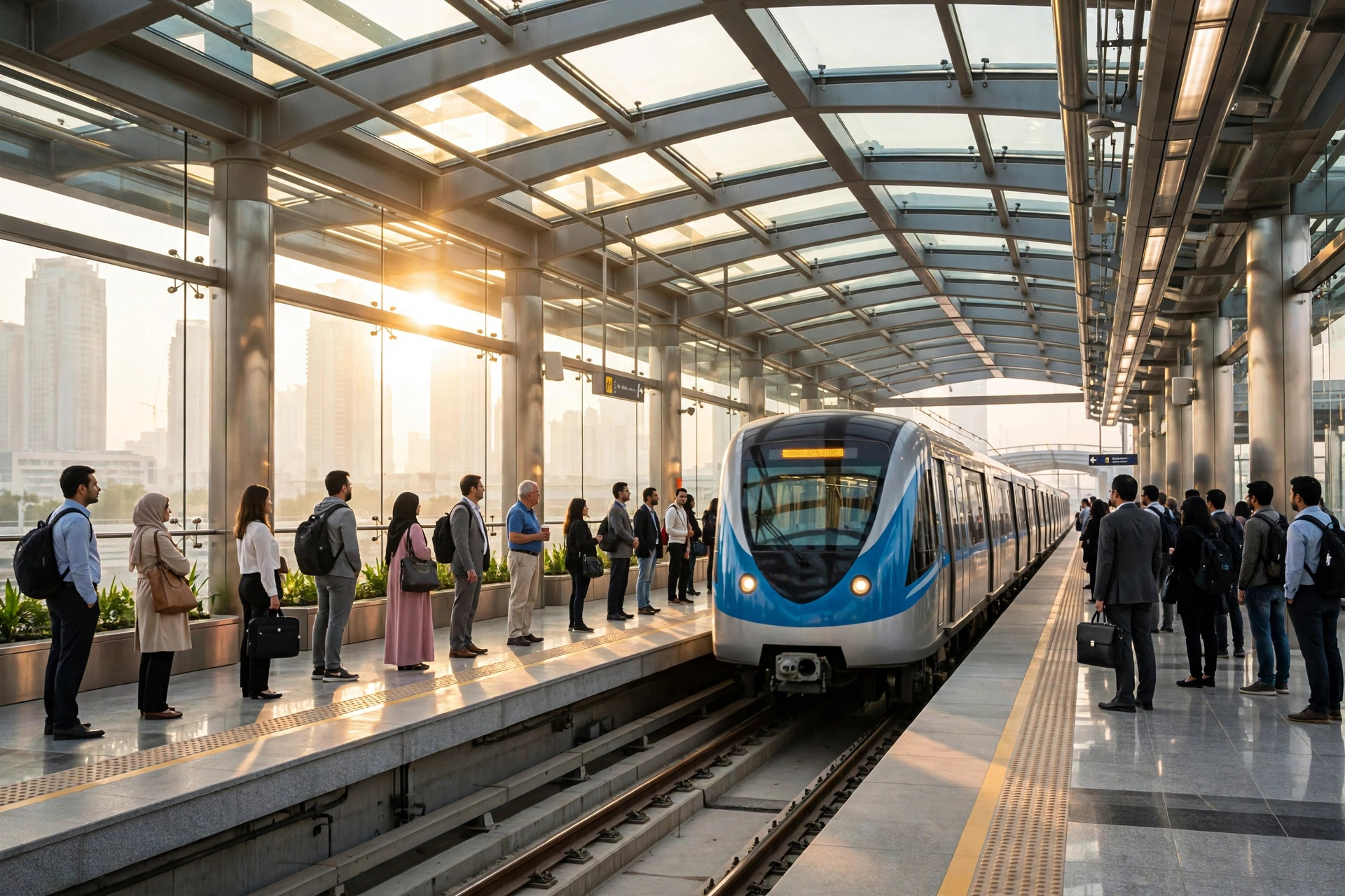 Dubai Metro Red Line train arriving at a station platform during rush hour