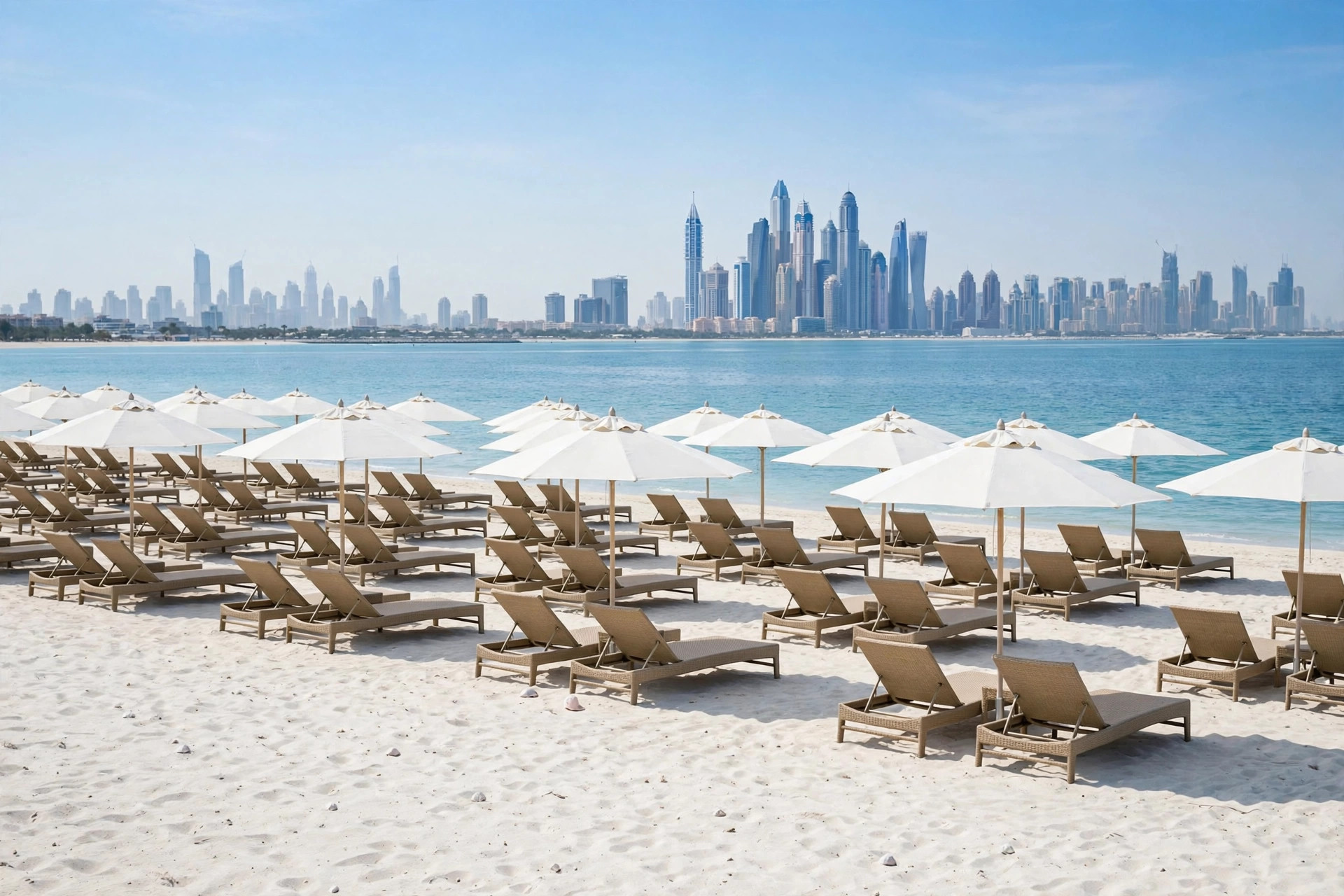 Sun loungers and umbrellas on a Dubai beach with the skyline behind
