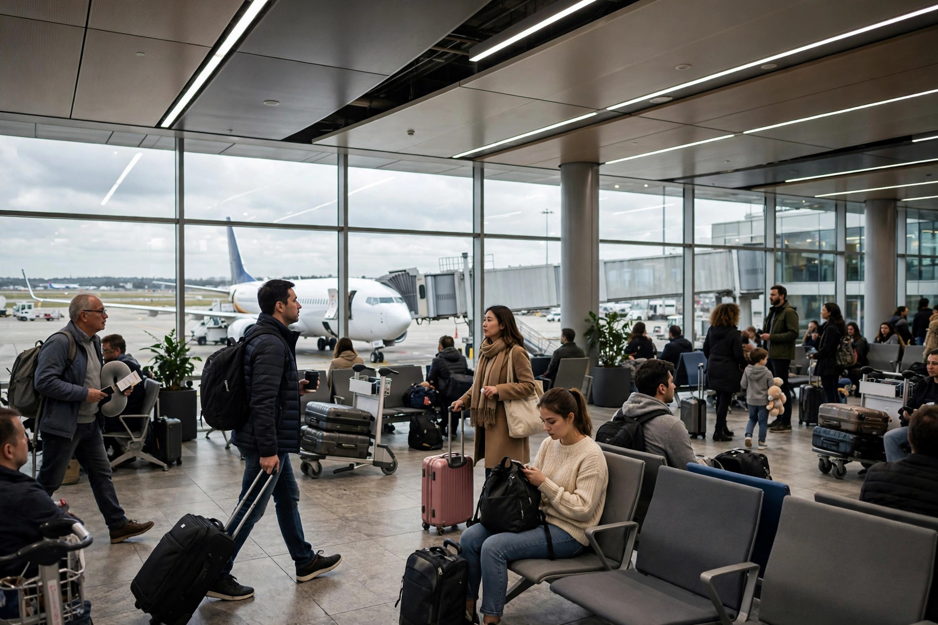 Tourists walking through a busy Dubai airport terminal with a departing aircraft visible
